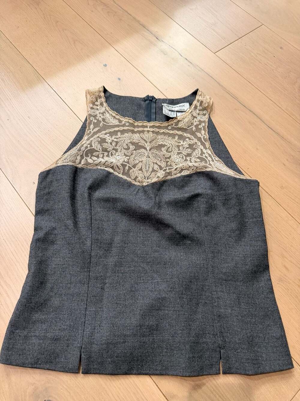 Sportmax Grey Wool Sleeveless Top with Embroidered Lace Overlay